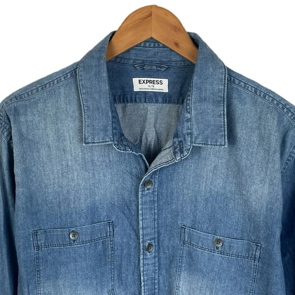 BF1093 Men’s Express Designer Trendy Chambray Denim Button Down Shirt XL - Picture 3 of 5